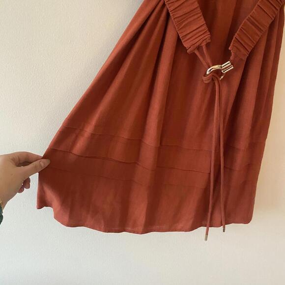 SUNCOO burnt orange long sleeve belted peasant dress - Picture 5 of 8